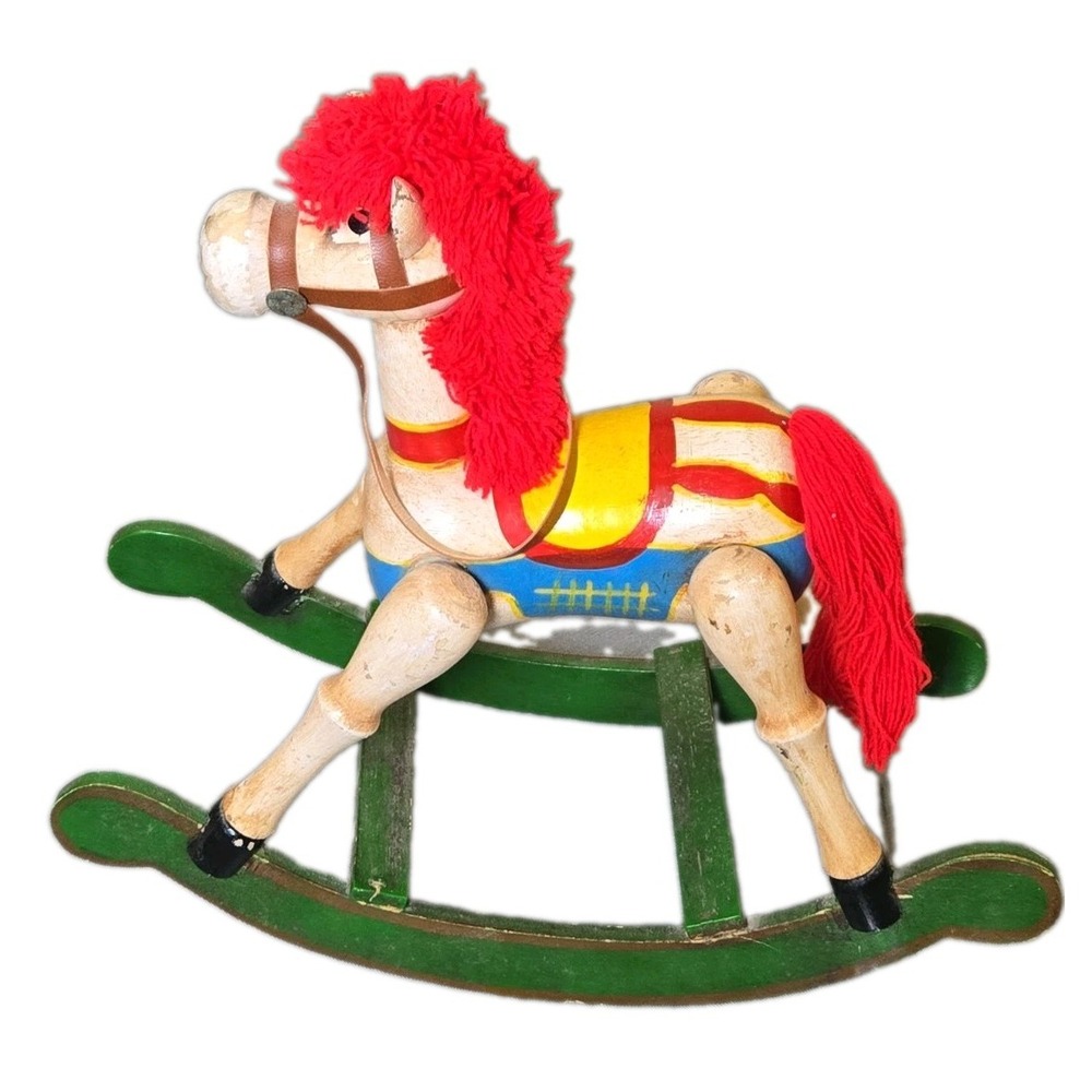 Vtg Wooden Rocking Horse Figurine Folk Art Hand Painted Red Yarn Mane Tabletop